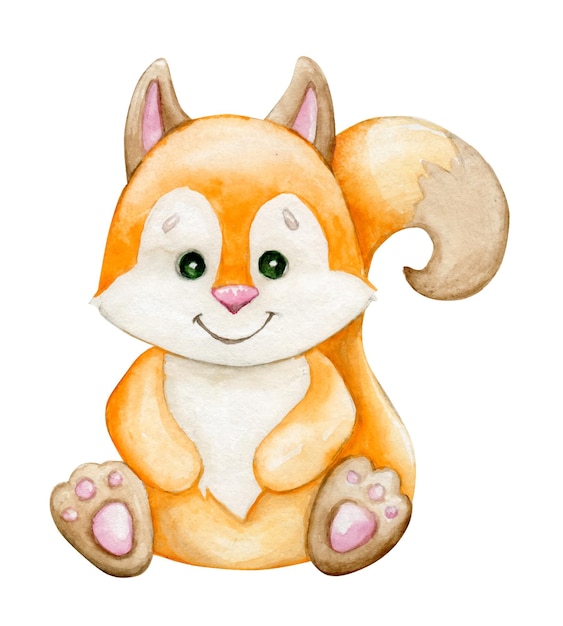 Carino scoiattolo in stile cartone animato illustrazione acquerello di un animale della foresta su uno sfondo isolato