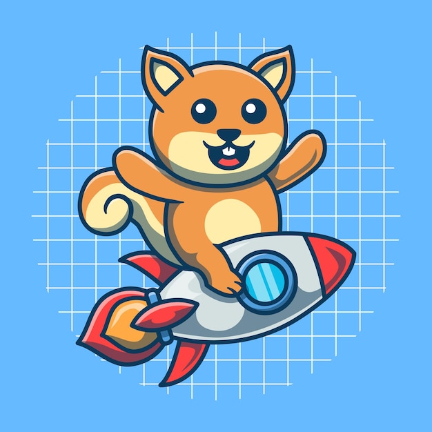 Vector cute squirrel character flying with rocket vector illustration flat cartoon style