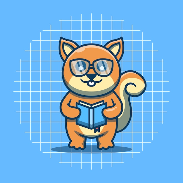 Cute squirrel character reading a book with glasses vector illustration Flat cartoon style