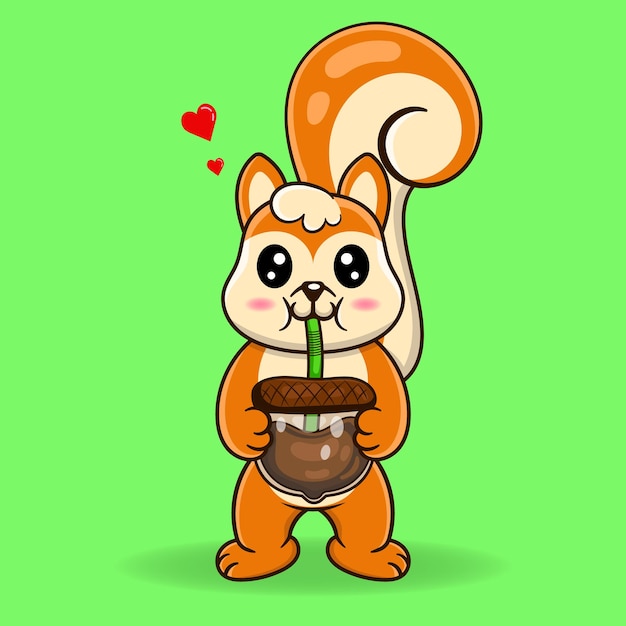 Carino scoiattolo che beve noci cioccolato illustrazione vettoriale di animale cartone animato