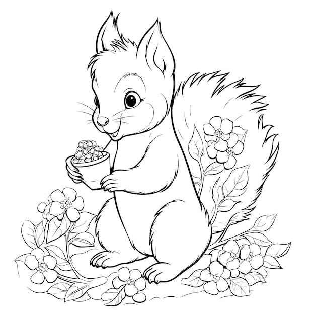 Cute Squirrel Eating Acorns Seeds Flowers Coloring Pages eps