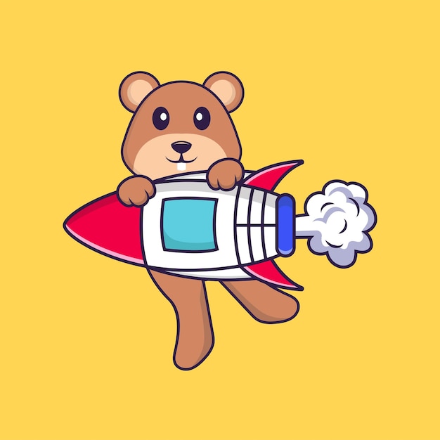 Cute squirrel flying on rocket. Animal cartoon concept isolated.