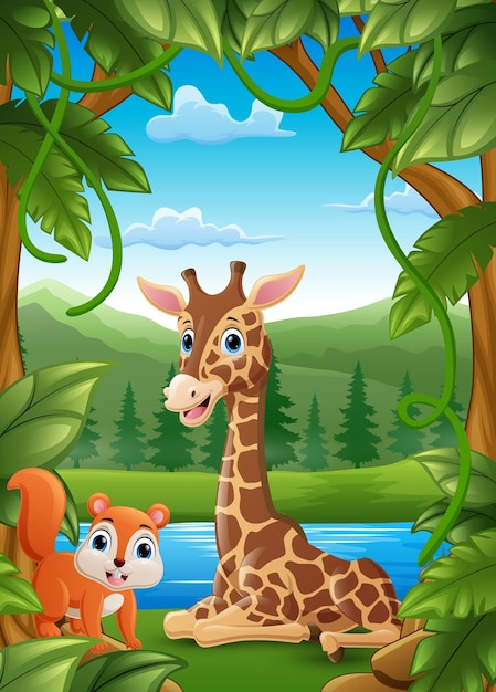 Cute squirrel and giraffe cartoon in the jungle