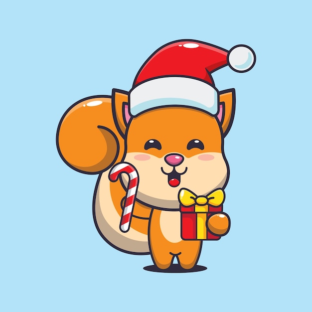 クリスマスのお菓子とプレゼントを持ったかわいいリス。かわいいクリスマス漫画イラスト。