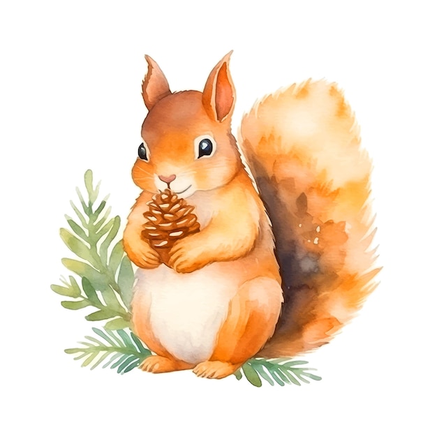 Cute squirrel holding pine cone watercolor ilustration