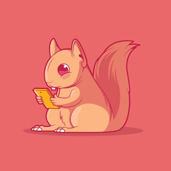 Carino scoiattolo che tiene un'illustrazione vettoriale tablet concetto di design del marchio di gioco tecnologico