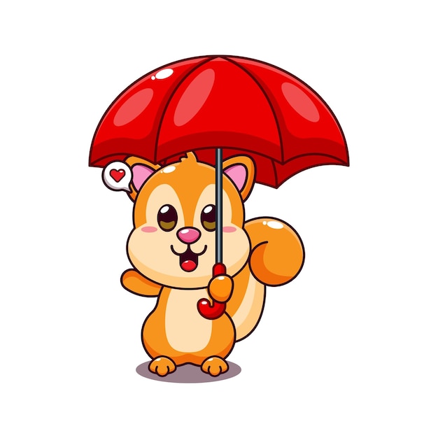 cute squirrel holding umbrella cartoon vector illustration