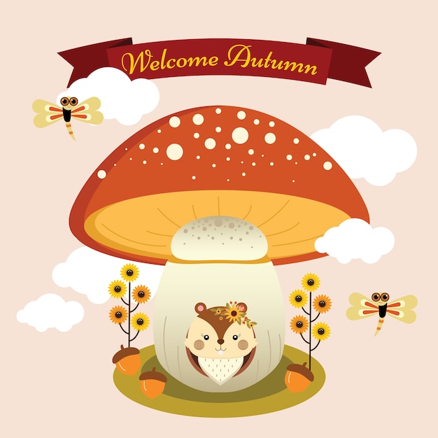 Cute squirrel in mushroom house