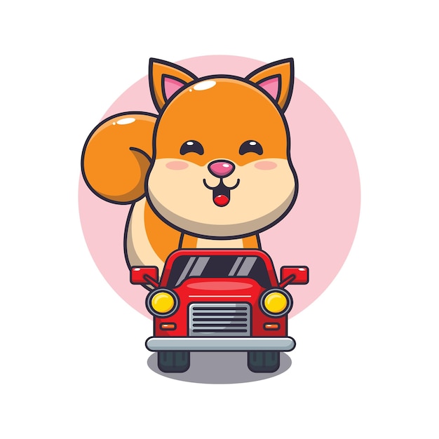 Vector cute squirrel mascot cartoon character ride on car