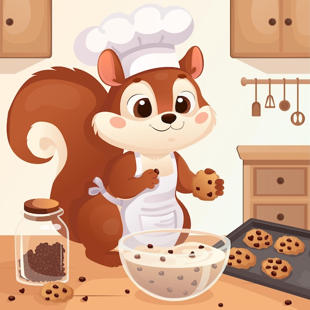 Cute squirrel pastry chef in the kitchen preparing cookies with chocolate chips Vector illustration