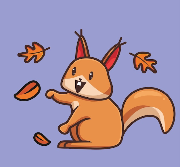 Cute squirrel playing leaf cartoon animal autumn season concept isolated illustration flat style