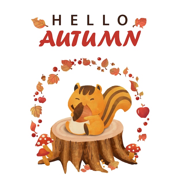 Cute squirrel say hello autumn