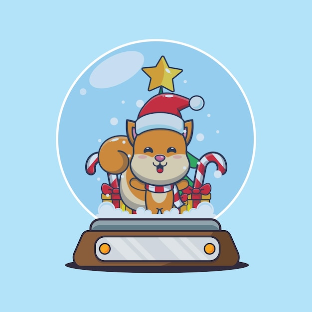 Cute squirrel  in snow globe. Cute christmas cartoon illustration.