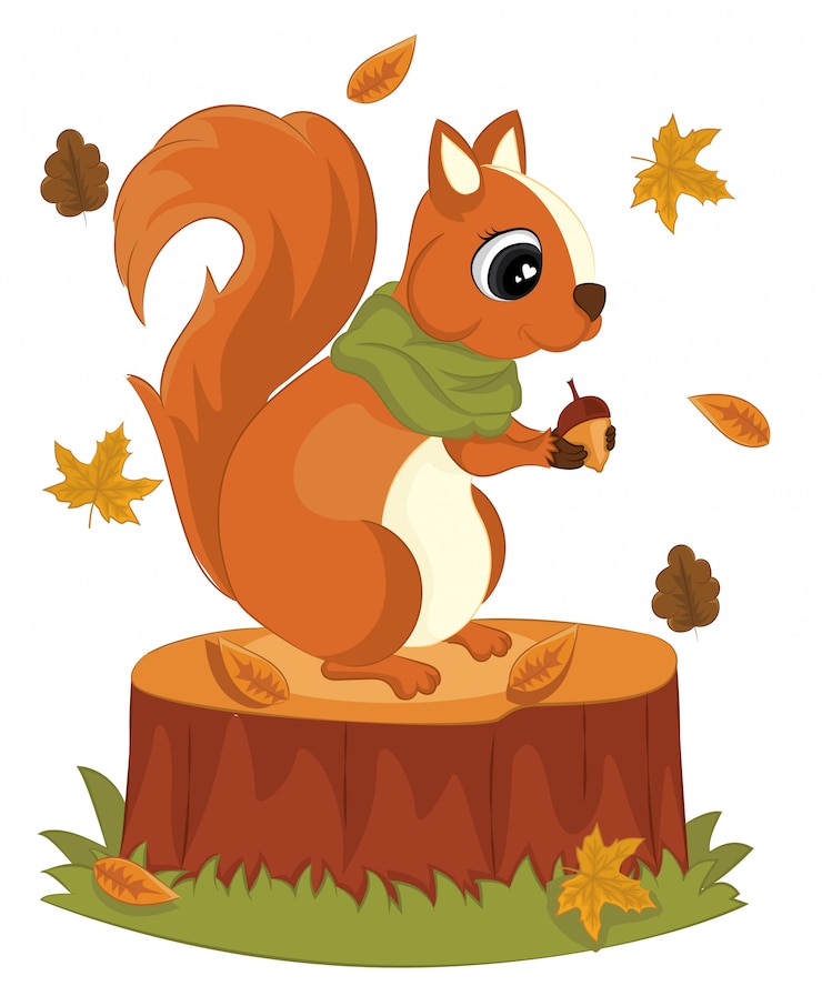 Vector cute squirrel with acorns stump foliage hello autumn vector illustration. squirrel cartoon autumn greeting card.