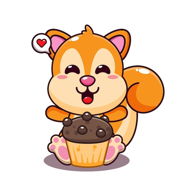 cute squirrel with cup cake cartoon vector illustration