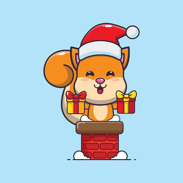 Cute squirrel with santa hat in the chimney. Cute christmas cartoon illustration.