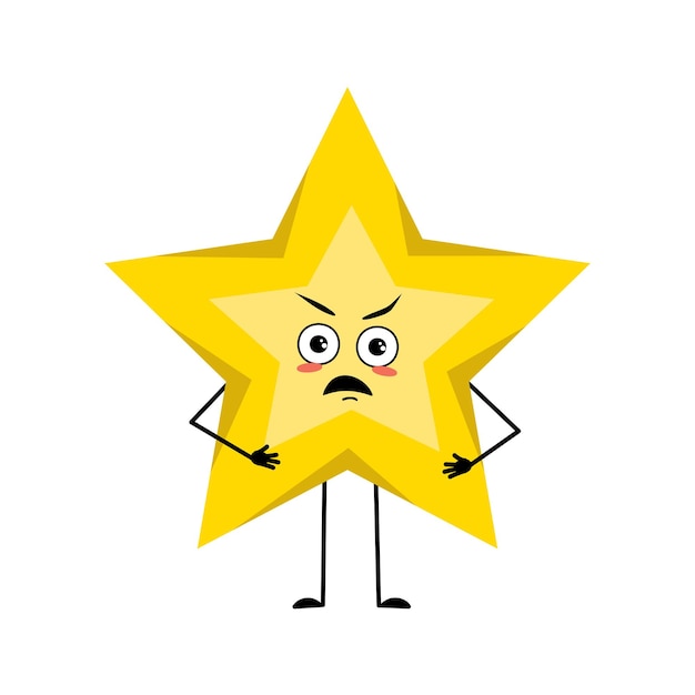 Vector cute star character with angry emotions, grumpy face, arms and legs. space and weather symbol with furious expression