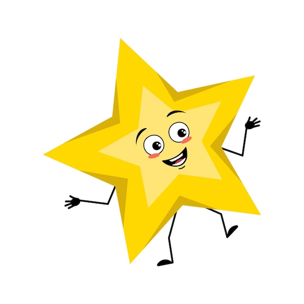 Cute star character with joyful emotions dancing smile face happy eyes arms and legs space and weath...