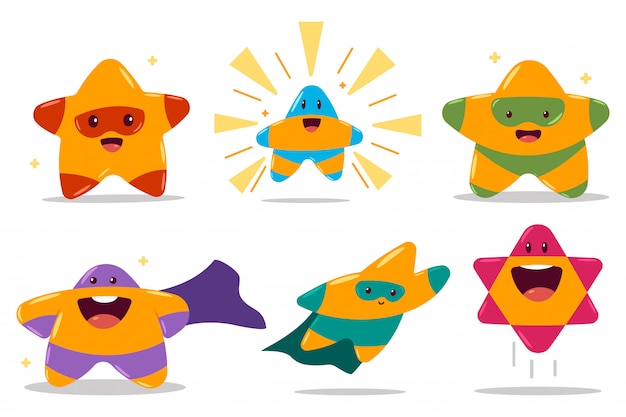 Cute star in superhero costume   cartoon characters set isolated  .