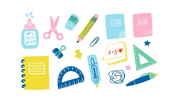 Vector 漂亮的文具套件 办公学校用品平面设计笔记本笔<unk>笔规则纸<unk>粘贴笔记 推<unk>突出显示器 粘合剂 抹去剂 剪刀