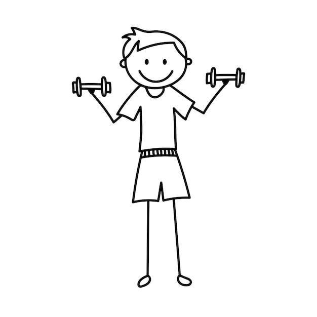 Cute stick man with dumbbells. Vector illustration in doodle style isolated on white