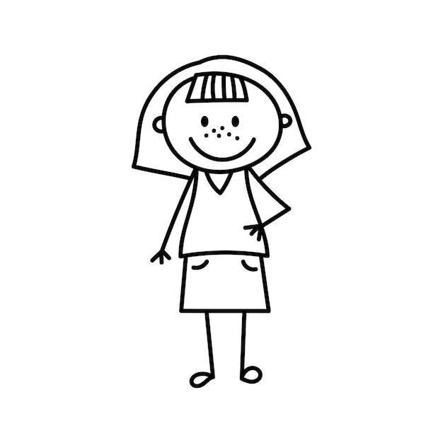 Cute stick smiling girl Vector illustration in doodle style isolated on white