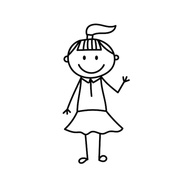 Cute stick smiling girl Vector illustration in doodle style isolated on white