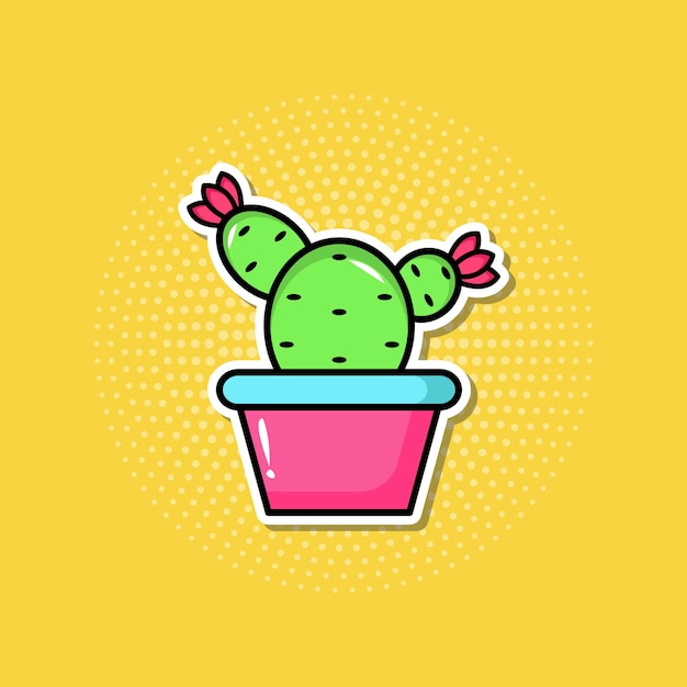 Cute sticker cactus in pot