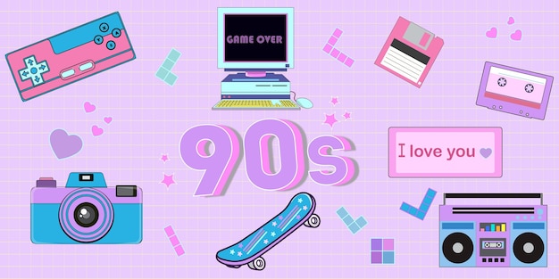 Vector cute sticker pack in trendy retro y2k style