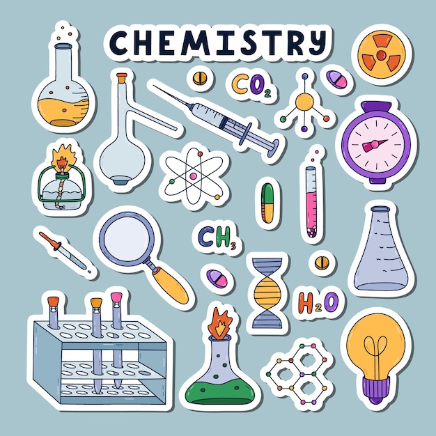 cute sticker set with lab equipment for chemical medical experiment ready for print list of stickers