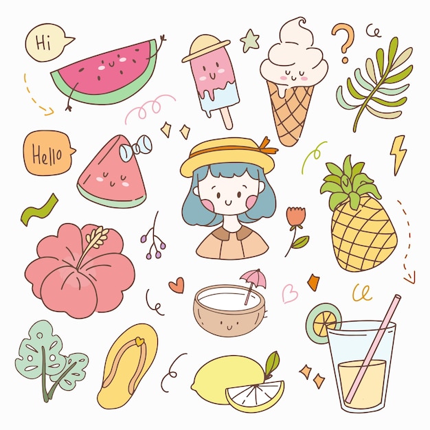 Cute sticker summer set doodle and hygge. hand drawn icon planner collection set.