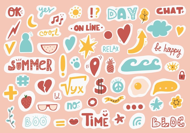 Vector cute sticker template decorated with cartoon image and trendy lettering