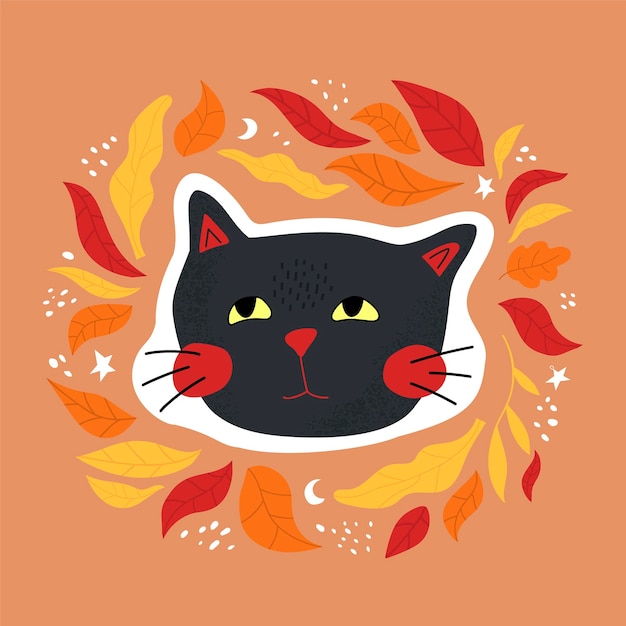 Cute sticker with a cat for Halloween Autumn illustration with leaves