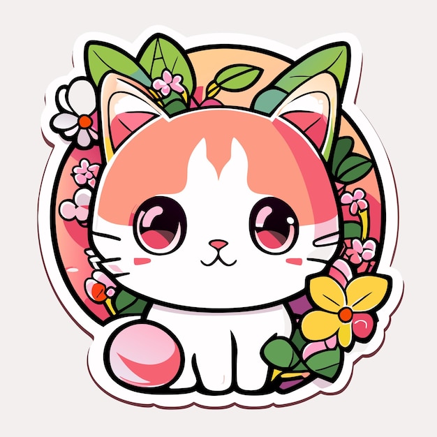 Vector cute stickers cat flowers minimalist vector white