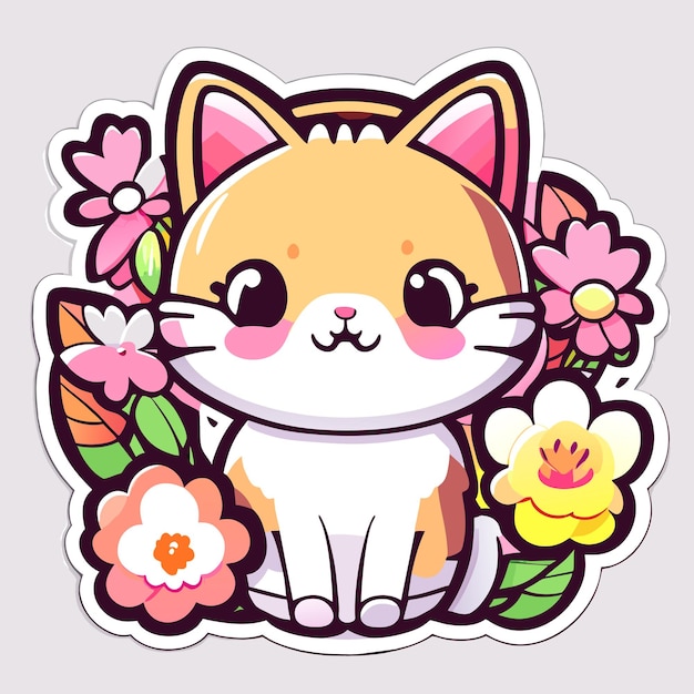 cute stickers cat flowers minimalist vector white