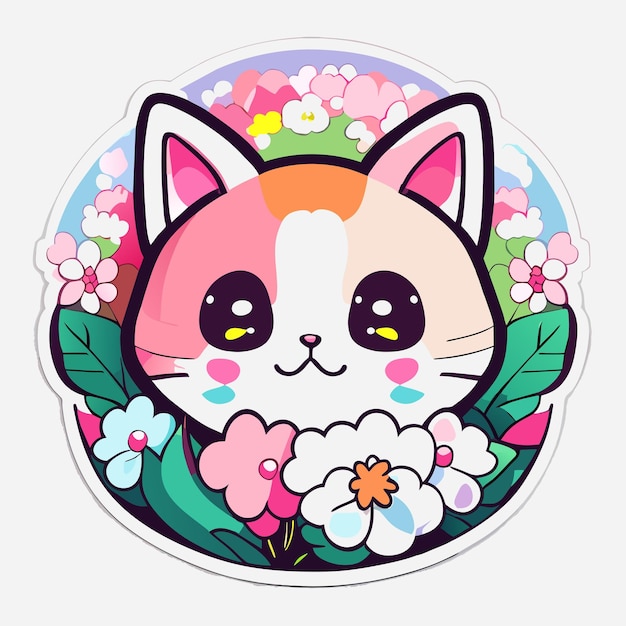 cute stickers cat flowers minimalist vector white