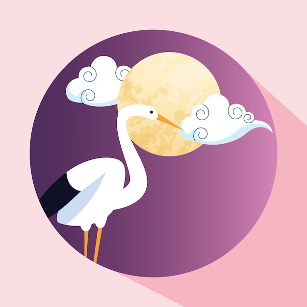 Vector cute stork and moon icon image