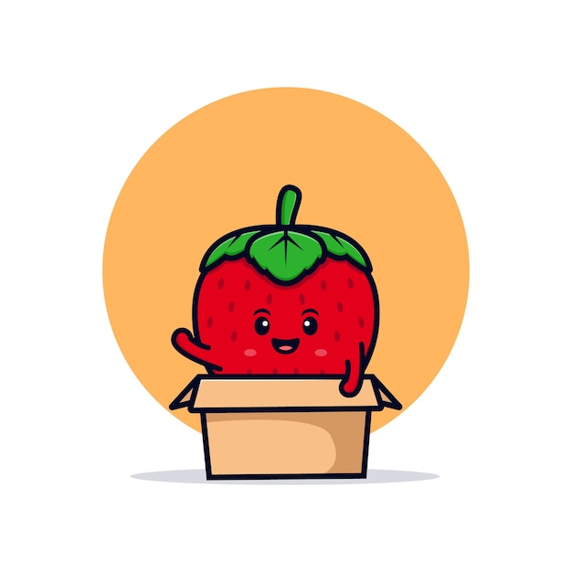 Cute strawberry character inside box flat icon illustration