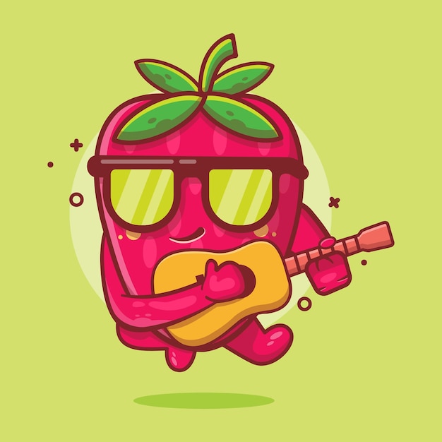 Симпатичный талисман клубничного фруктового персонажа, играющий на гитаре, изолированный мультфильм в плоском дизайне