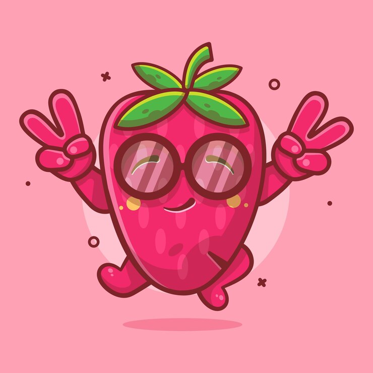 Vector cute strawberry fruit character mascot with peace sign hand gesture isolated cartoon