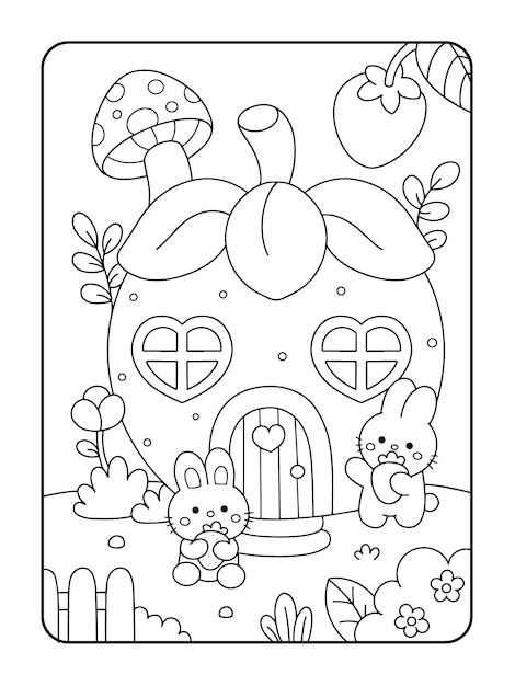 Vector cute strawberry house and bunny coloring page illustration