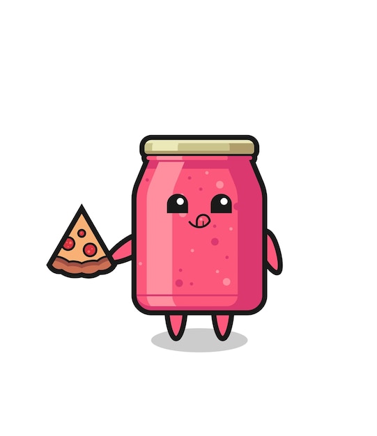 Vector cute strawberry jam cartoon eating pizza