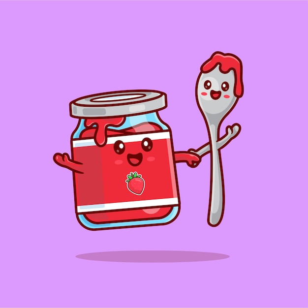 Vettore graziosa marmellata di fragole e simpatico cucchiaio cartone animato vettore icona illustrazione cibo vacanza icona piatto isolato