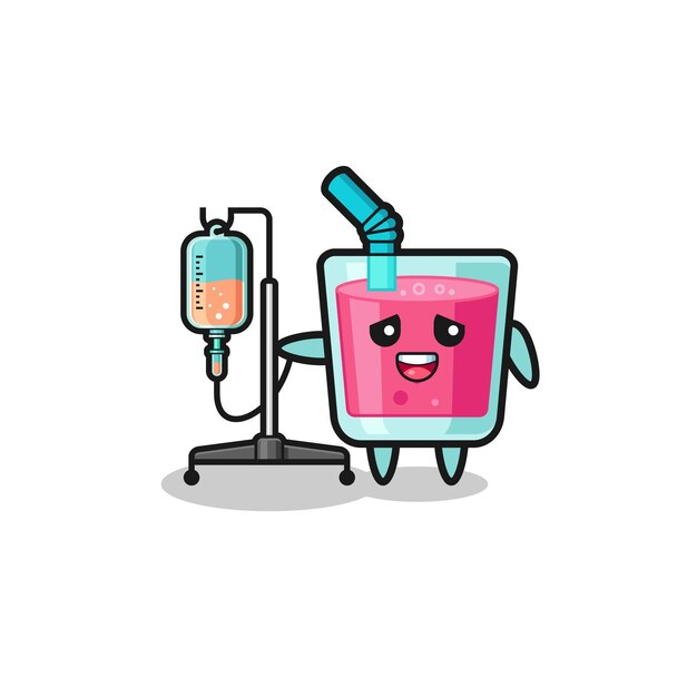 Cute strawberry juice character standing with infusion pole