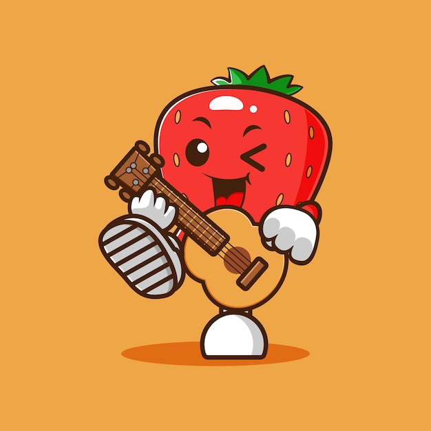 of cute strawberry mascot playing guitar