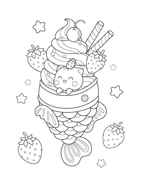 Vettore illustrazione del disegno del gelato taiyaki alla fragola carino per la pagina da colorare