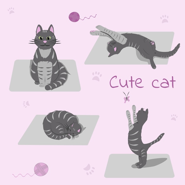 Vector cute striped cat set in four different poses on the grey carpet