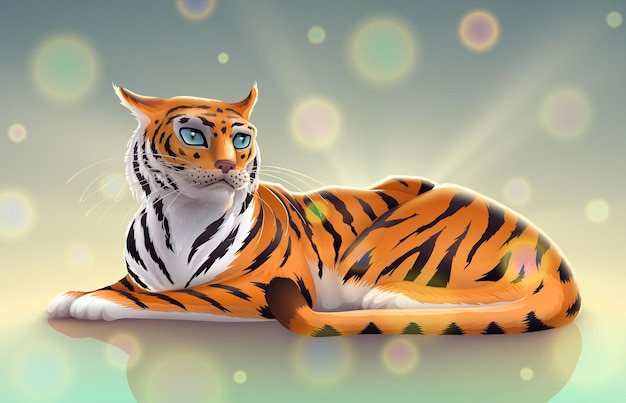 Simpatica tigre arancione a strisce con arte occhi azzurri o bellissimo gatto con capelli gialli dorati che disegnano come simbolo del nuovo anno