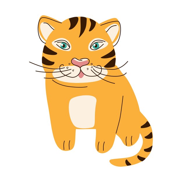 Vector cute striped tiger is sitting animals hand drawn illustration isolated on white background