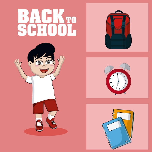 Cute student boy with school supplies icons 